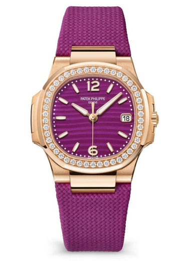Patek Philippe Nautilus 32mm Diamond Bezel Rose Gold Purple Wave Dial 7010/1R - WatchesOff5th